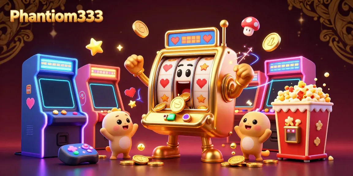 Experience Phantom333 as a golden slot machine hits the jackpot amidst dynamic arcade elements and vibrant game visuals.