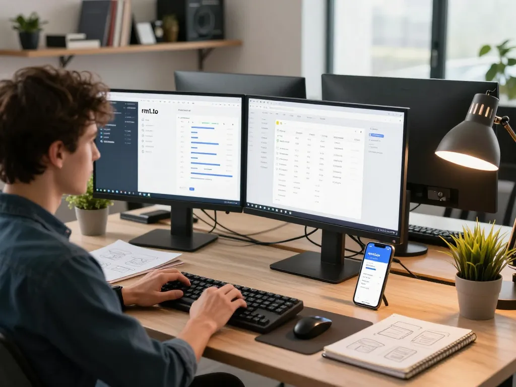 Login scene on rm1.to platform showing a user engaged at a modern workspace.