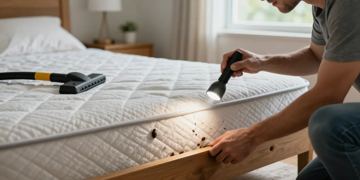 Homeowner inspecting mattress for bed bug control, highlighting signs of infestation.