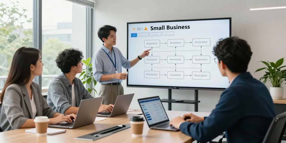 Team discussing ai automations for small business in a modern office setting