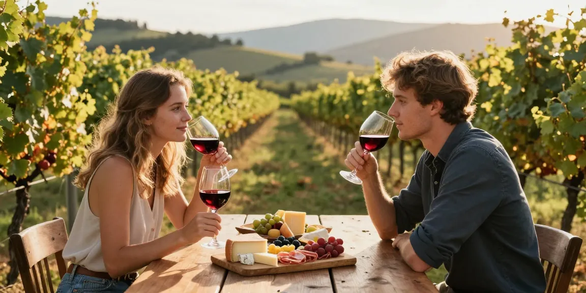 Couple tasting Chattoowines in a scenic vineyard with cheese and charcuterie.