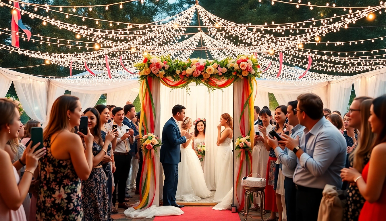 Guests enjoying a photo booth rental at a lively wedding celebration with colorful decor.