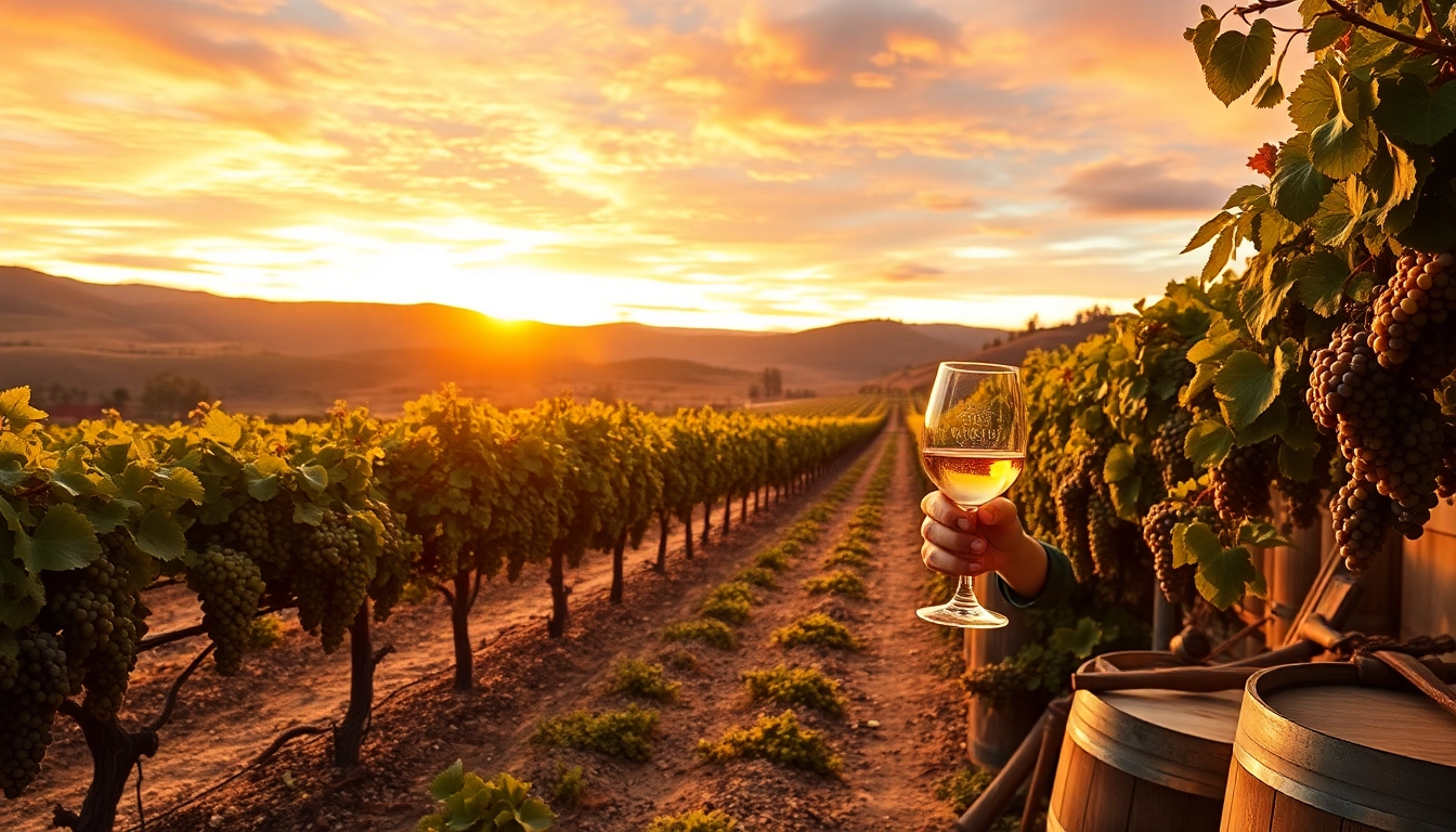 Celebrate Clarksburg wines with a sommelier enjoying a vineyard sunset, showcasing grapevines and barrels.
