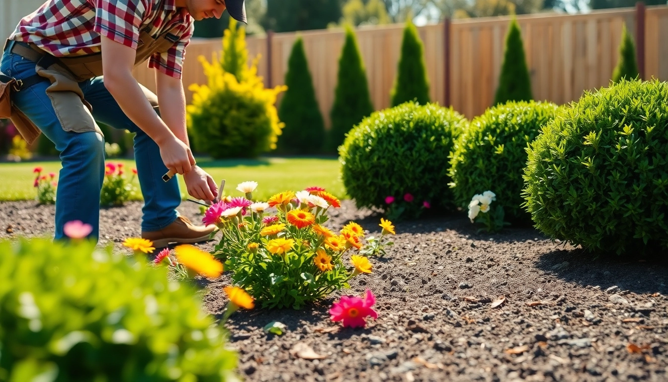 Landscaping contractor San Ramon planting flowers in a vibrant, well-maintained garden.