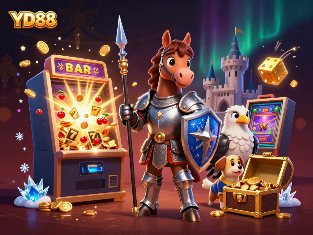 Engage in thrilling gaming at YD88 with an exciting cartoon casino scene, featuring knights, jackpots, and vibrant slot machines.