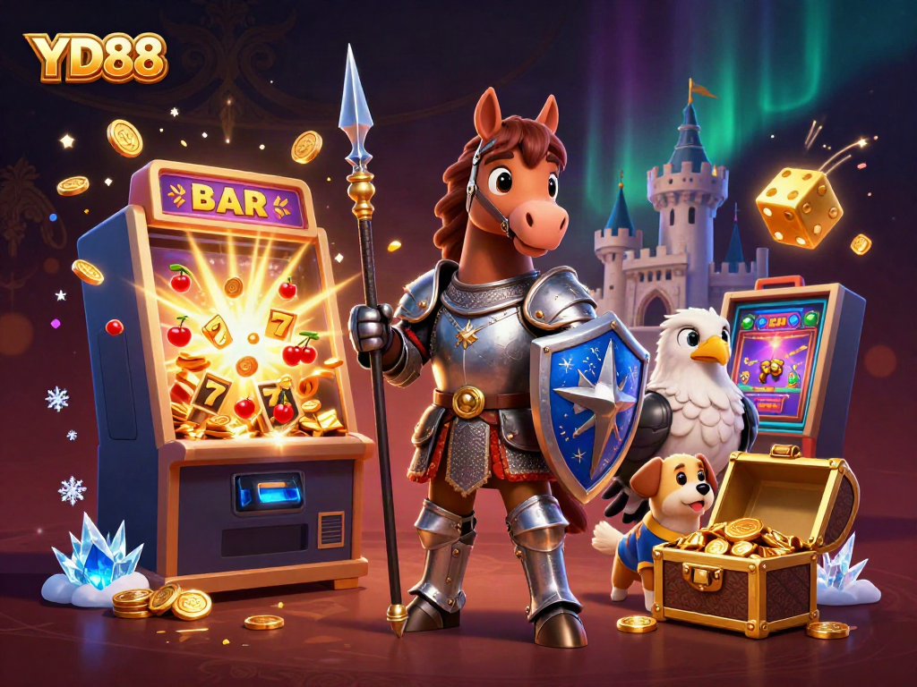 Engage in thrilling gaming at YD88 with an exciting cartoon casino scene, featuring knights, jackpots, and vibrant slot machines.