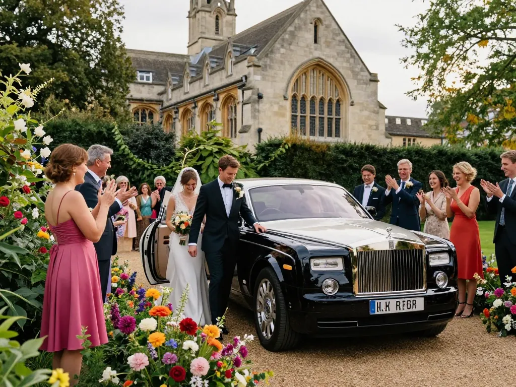 Nottingham Limo Hire offers elegant wedding transport with a couple arriving in a luxurious Rolls-Royce Phantom.