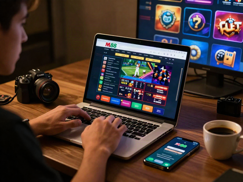 Engaging scene showing a user logging into the M88 platform, enhanced with vibrant gaming graphics and online betting excitement.