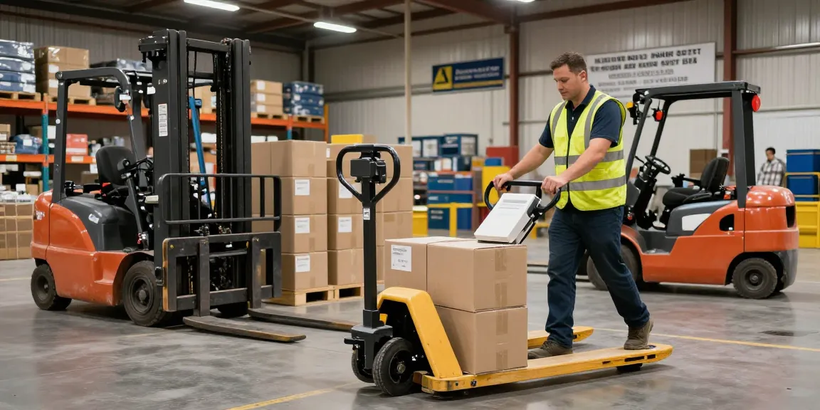 Manual pallet truck with scale and printer in Texas being operated in a modern warehouse, demonstrating efficient material handling.