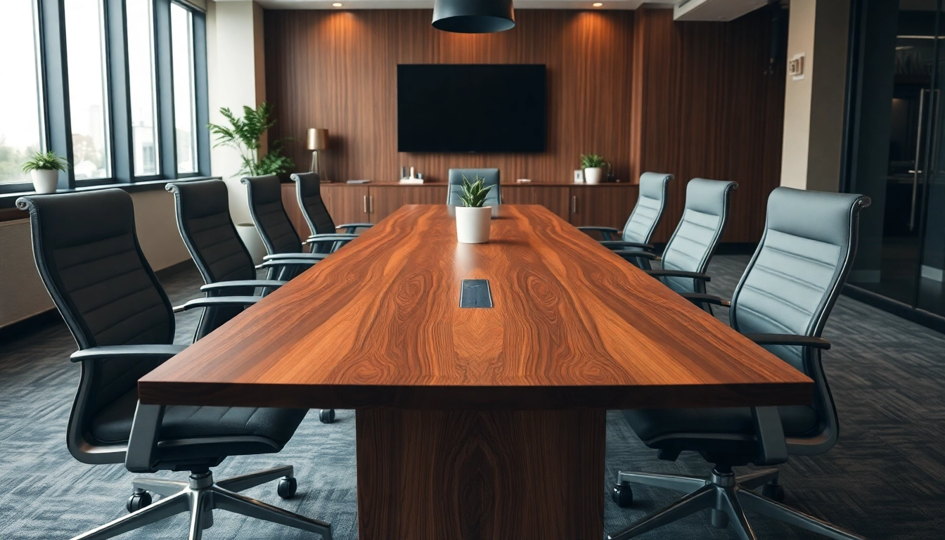 Stylish conference table crafted from solid hardwood, featuring natural grain and smart power integration in a professional office setting.