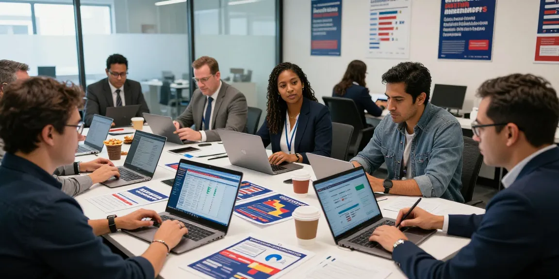 PAC marketing services depicted in a lively campaign office where strategists analyze voter data.