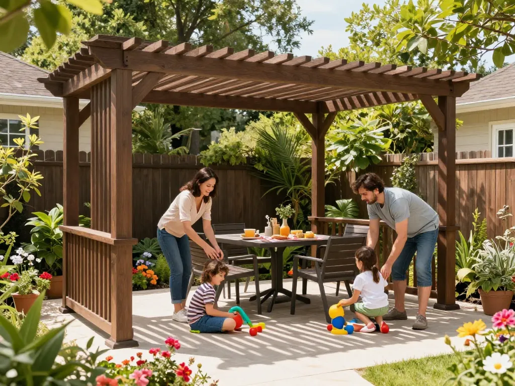 Experience the joy of family gathering under a custom pergola configurator in a serene backyard setting.