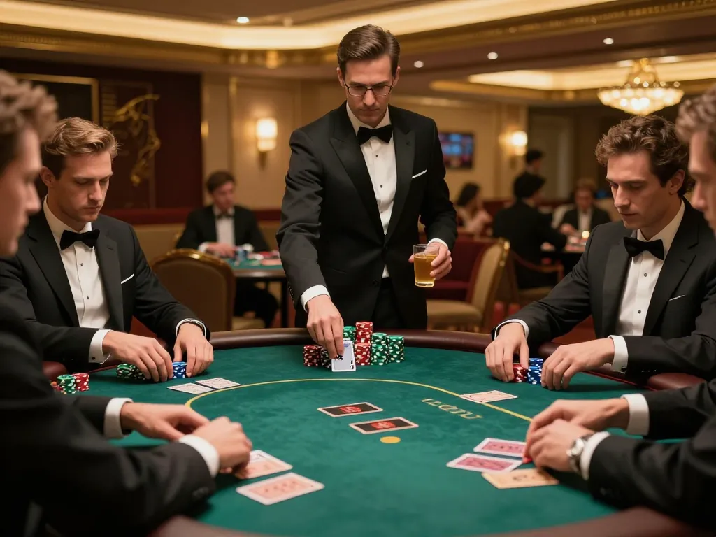 FC88 players strategizing at a high-stakes poker table, showcasing exclusive casino atmosphere.