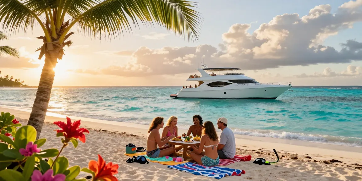 Punta Cana yacht rental experience with friends enjoying a luxurious meal on a private yacht at sunset.