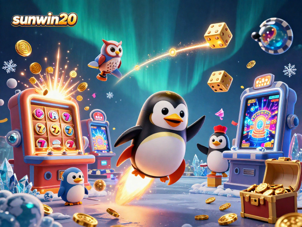 Experience thrilling action with sunwin20 as a golden penguin launches towards a slot machine explosion in space.