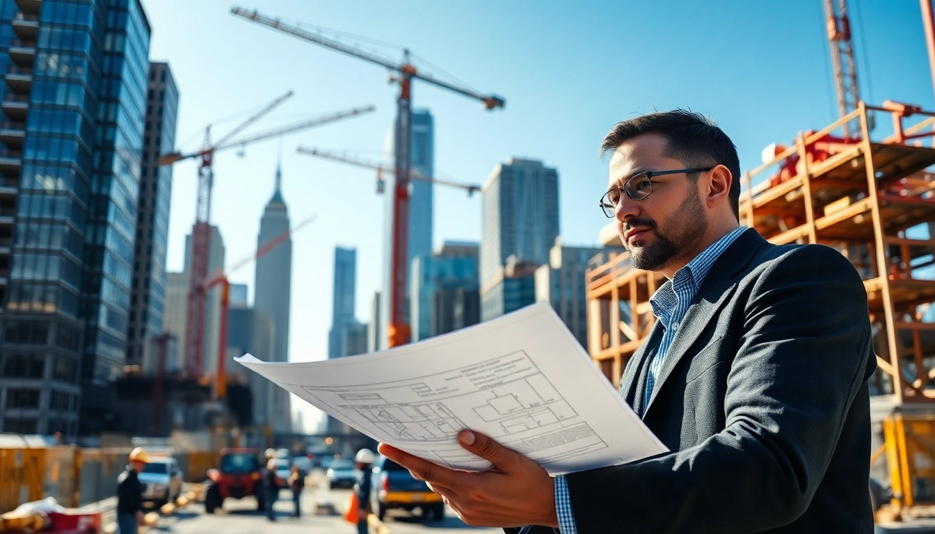 Engaged New York City Construction Manager reviewing plans at a vibrant construction site.