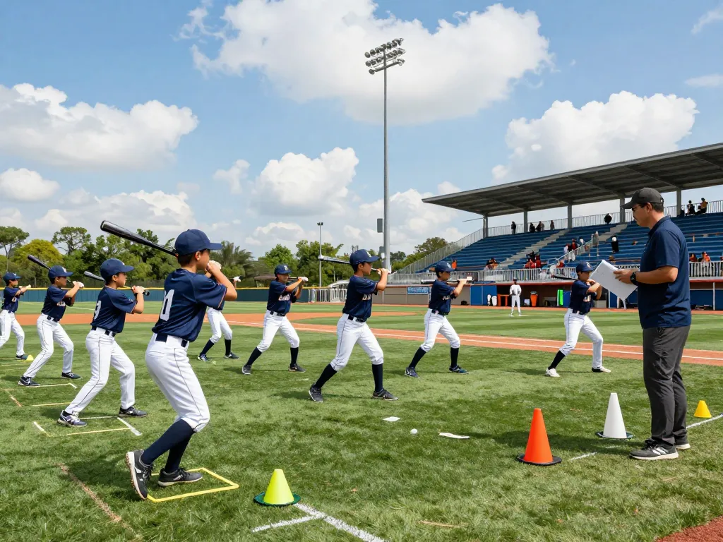 Hitclub baseball training session with young athletes practicing batting skills in a vibrant facility.