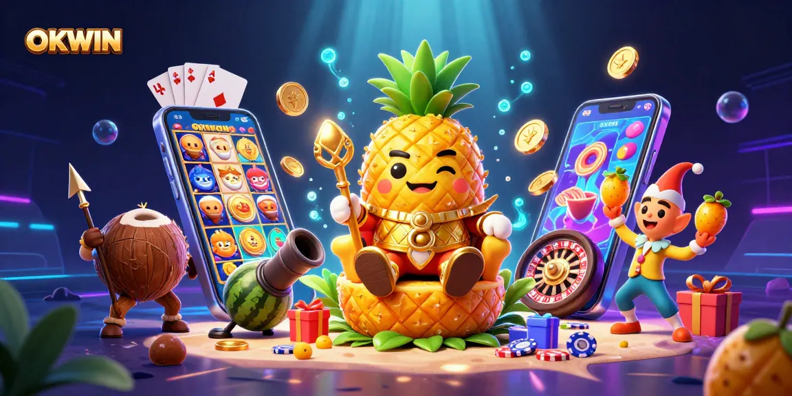 Engage excitingly with OKWIN's golden pineapple king promoting thrilling casino games.