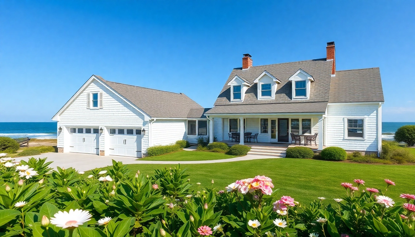 Cape Cod homes with elegant attached garage and clean architectural lines, set in a serene seaside landscape.