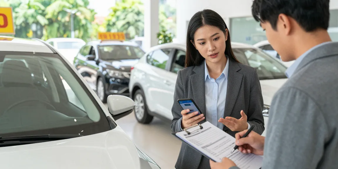 In-depth vin lookup process at a used car dealership, with a buyer reviewing vehicle history reports.