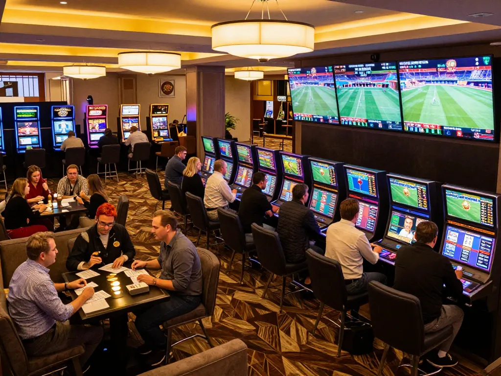 Exciting sports betting action featuring bettors reviewing odds at a go8 casino.