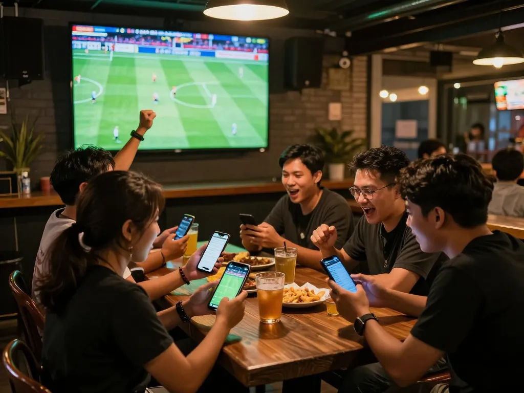 Pengunjung yang terlibat di bar olahraga membahas strategi Judi Bola sambil menikmati minuman dan makanan ringan