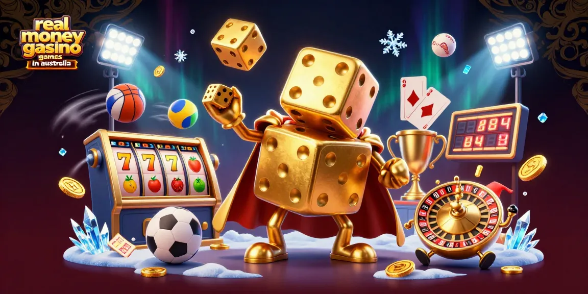 Experience real money casino games in Australia with vibrant characters, slot reels, and dynamic sports elements.