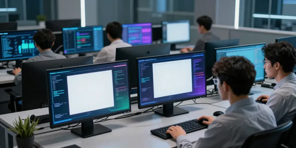 vulnerability assessment & penetration test dashboard in a modern cybersecurity workspace with monitors displaying risk analysis and vulnerability reports