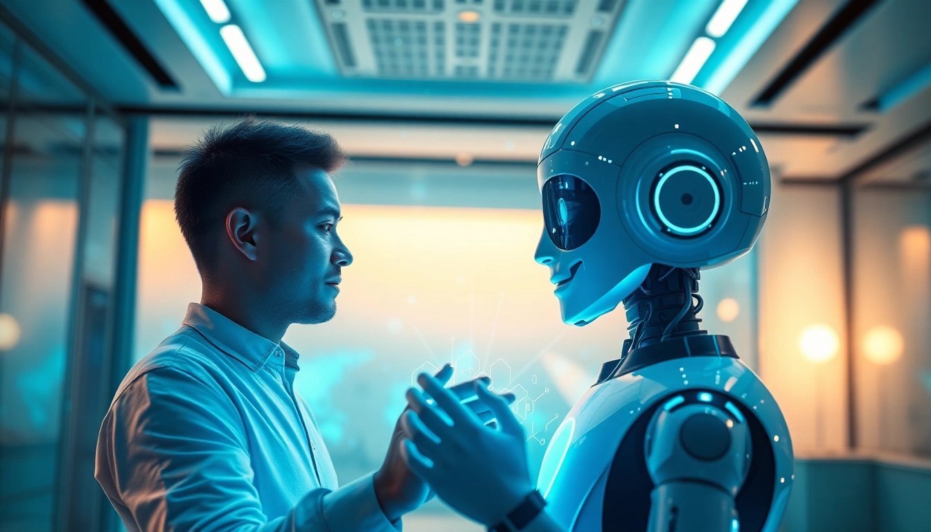 Engaging interaction with Crushon AI in a futuristic setting, showcasing advanced technology and friendly user experience.