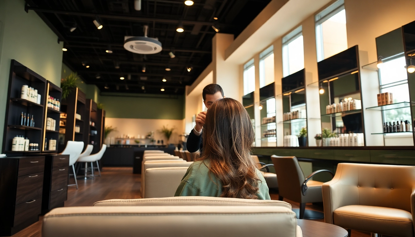 Aveda salon San Diego featuring a hairstylist creating intricate hair color and cut in a tranquil atmosphere.