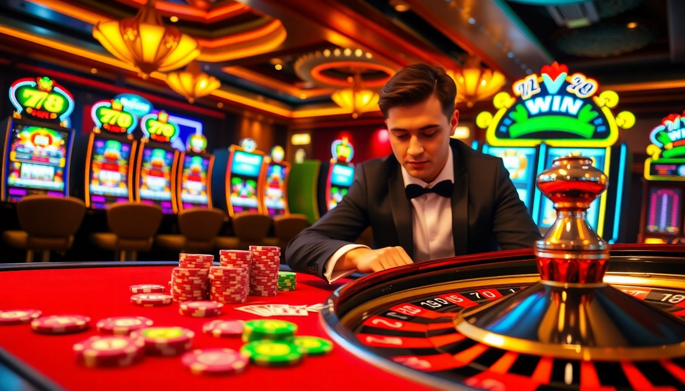 Players betting with excitement at 78 Win casino tables, showcasing thrilling poker games and roulette.