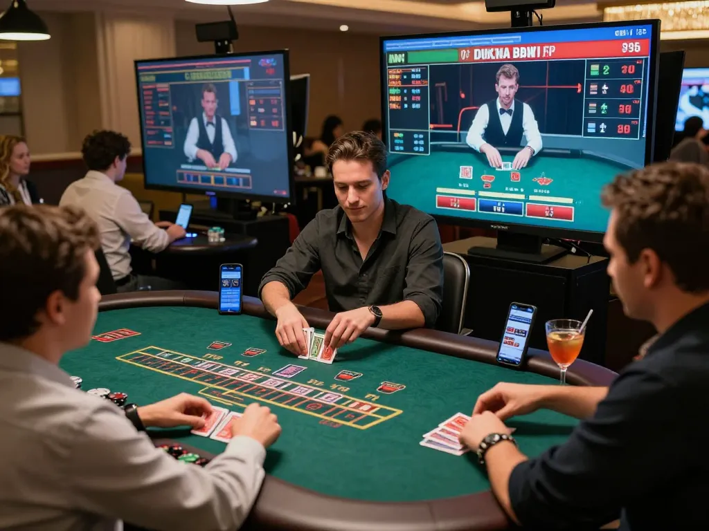 Engaged players enjoying live dealer blackjack at lc88 online casino, showcasing excitement and interaction.