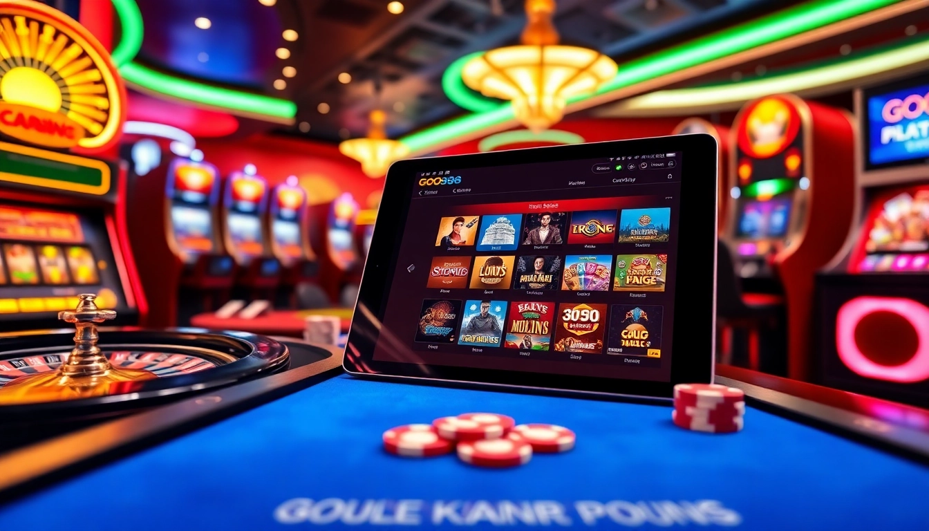 Experience the thrill of GO88 with an interactive online gambling interface amid vibrant casino visuals.