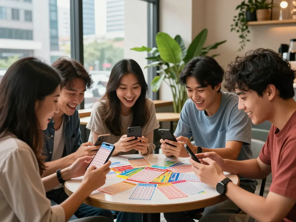 Pemenang Keluaran HK Lotto merayakan di kafe trendi, menunjukkan tiket lotere dan smartphone.