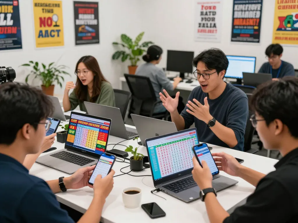 Diskusi hasil Keluaran HK Lotto di antara pemain antusias di ruang kerja modern, menampilkan grafik lotere yang berwarna-warni.
