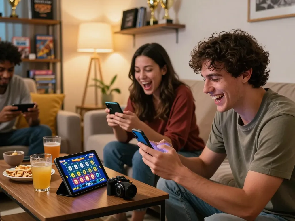Friends enjoying DK7 slot games on smartphones in a cozy living room setting.
