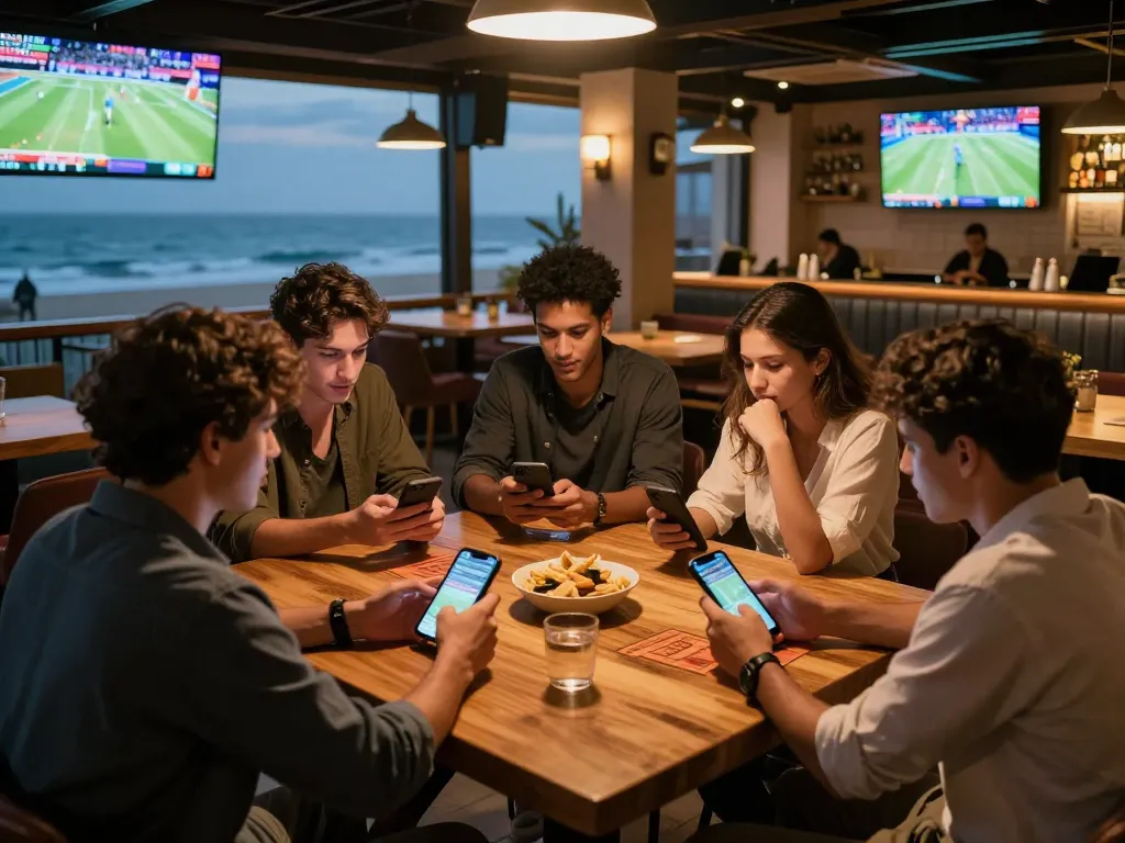 Tỷ lệ kèo nhà cái 5 showcased with friends placing bets on mobile devices in a lively sports bar.