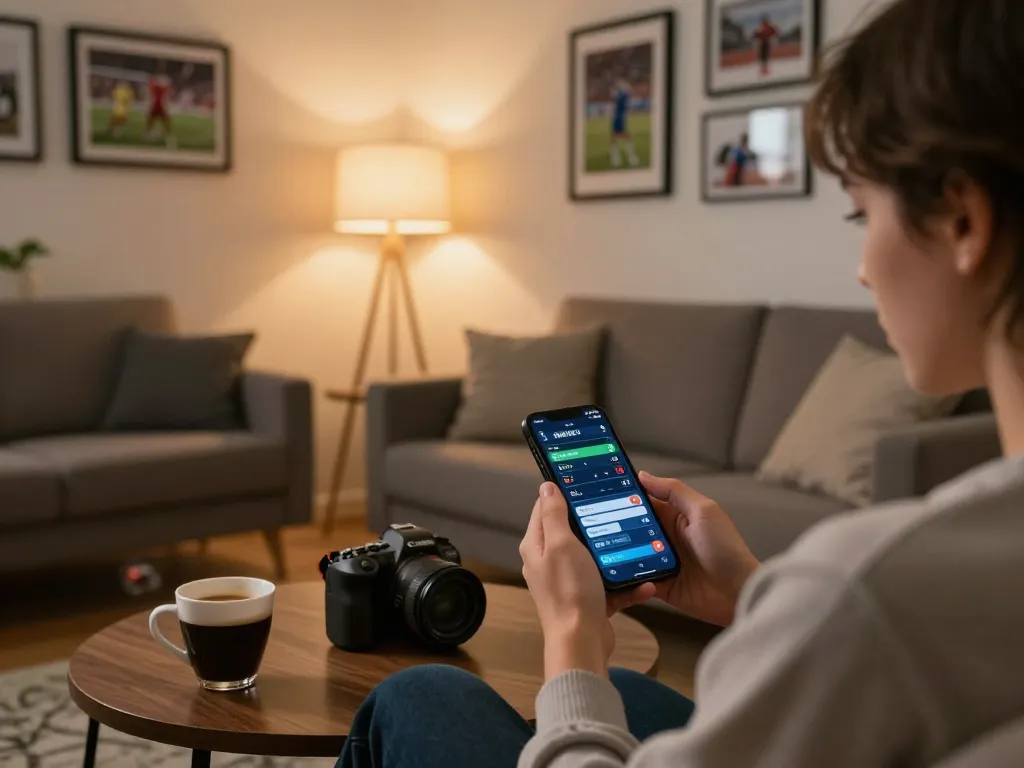 Engaged player analyzing kèo nhà cái 5 on smartphone while enjoying home atmosphere