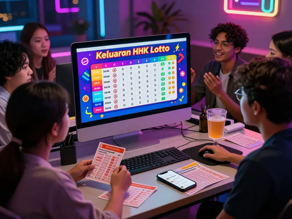 Perayaan pengundian langsung Keluaran HK Lotto dengan pemain yang bersemangat menonton hasil di layar.