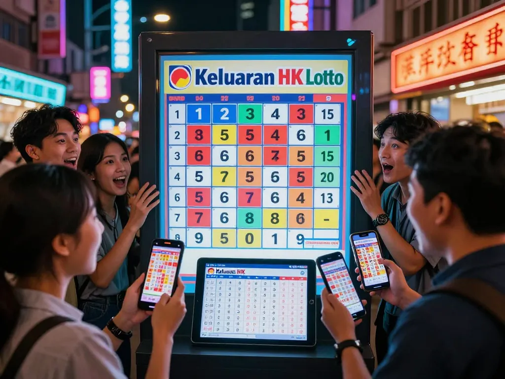Hasil Keluaran HK Lotto ditampilkan di layar yang cerah dengan individu yang bersemangat di setting perkotaan.