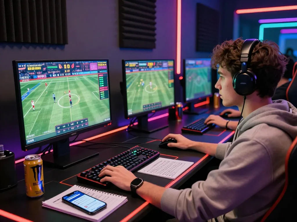 SBOBET88 online betting setup showcasing a focused individual engaging with live sports events on colorful screens.