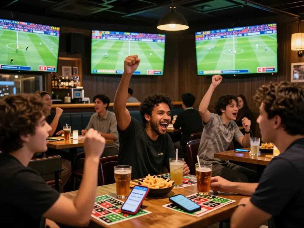 Cheering fans enjoying xem trực tiếp bóng đá at a lively sports bar with multiple screens displaying matches.