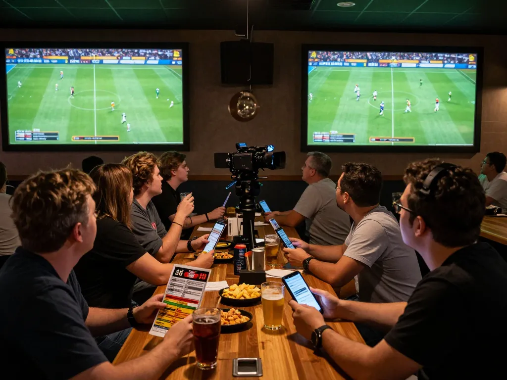 Engaged fans xem trực tiếp bóng đá at a lively sports bar, enjoying the excitement of live football matches