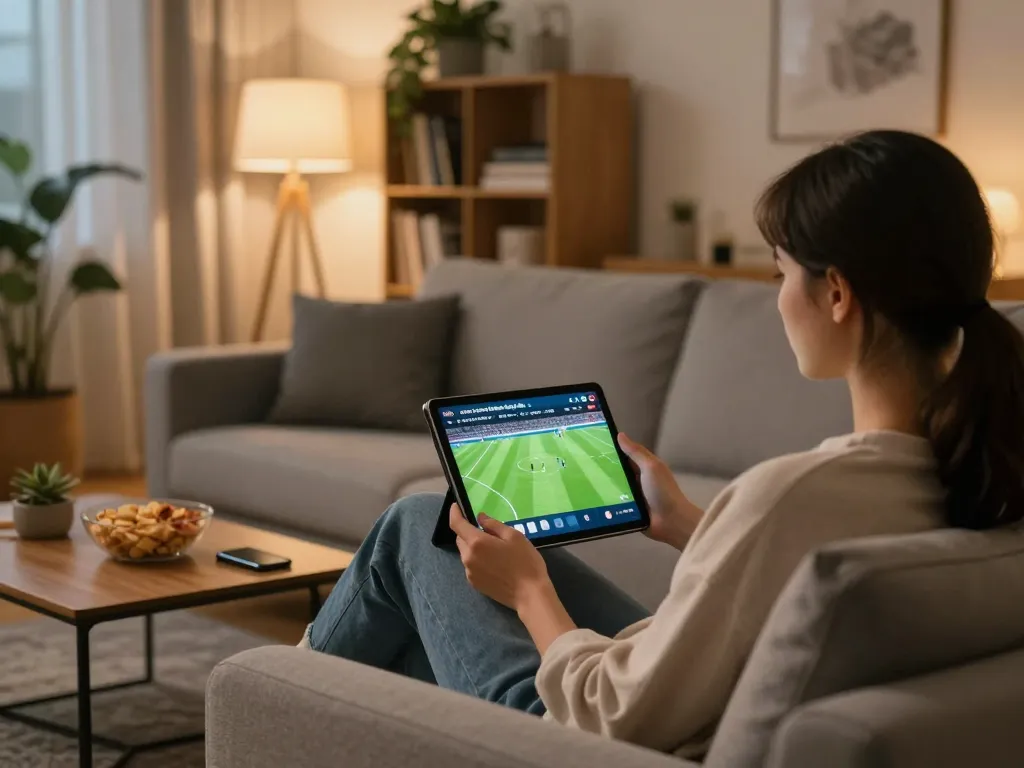 xem trực tiếp bóng đá experience at home using tablet with snacks and comfortable ambiance