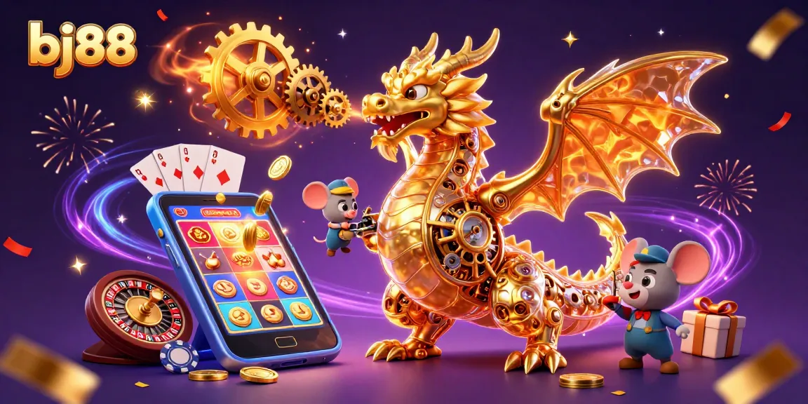 Bj88 offers an exciting dragon-themed gaming experience with golden gears and vibrant slot elements.