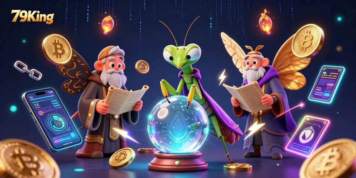 Engage with 79King at a vibrant casino-themed scene featuring mystical characters and dynamic crypto elements.