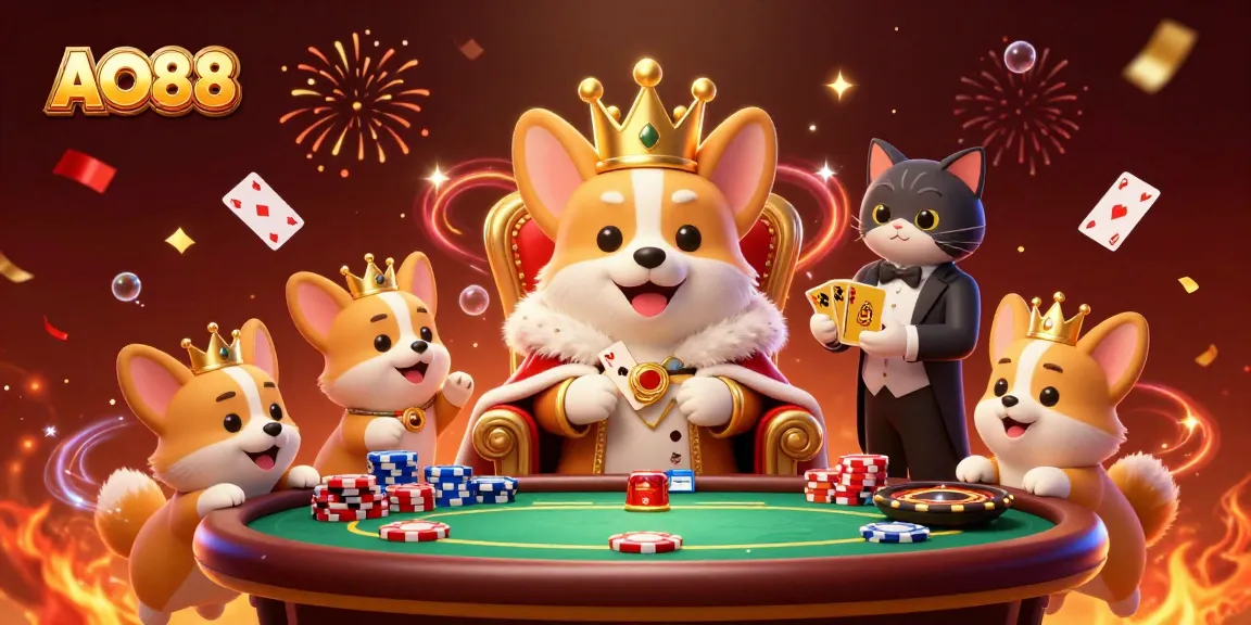 Experience the thrill of AO88 with royal corgis celebrating on poker chips in a vibrant casino scene.