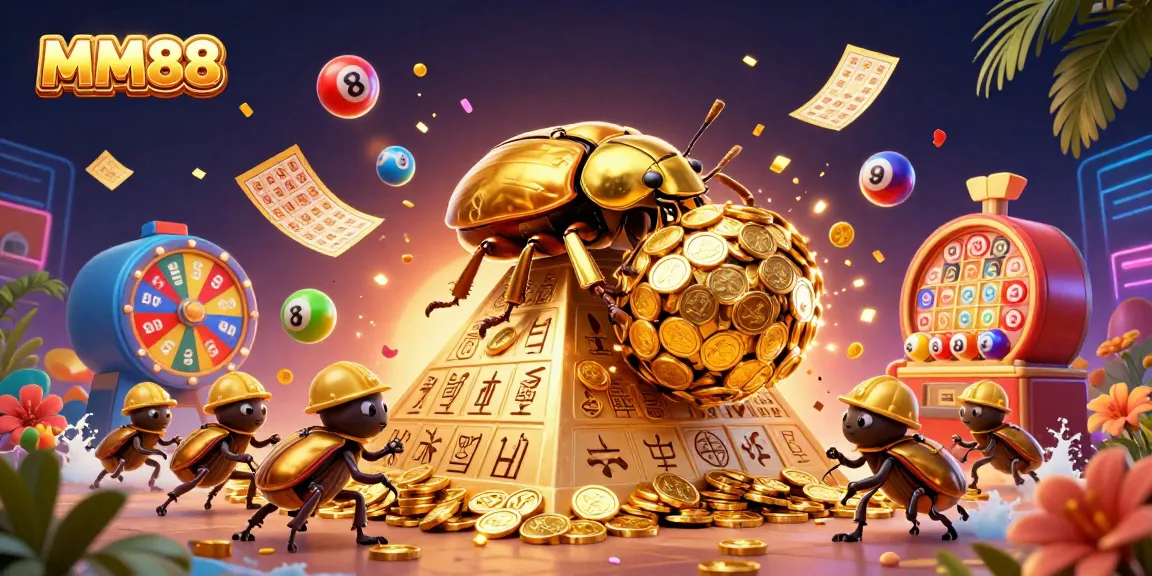 Engage with MM88's vibrant casino world in this dynamic 3D illustration featuring lucky-themed elements.