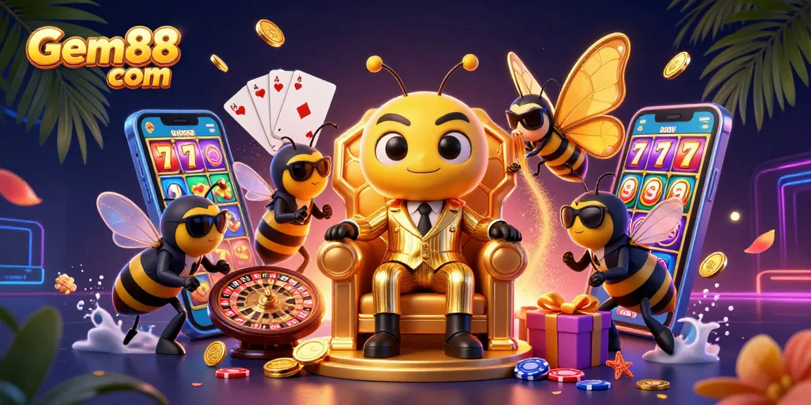 Engage with Gem88 com in a vibrant casino scene featuring a bumblebee mob boss and dynamic gaming elements.
