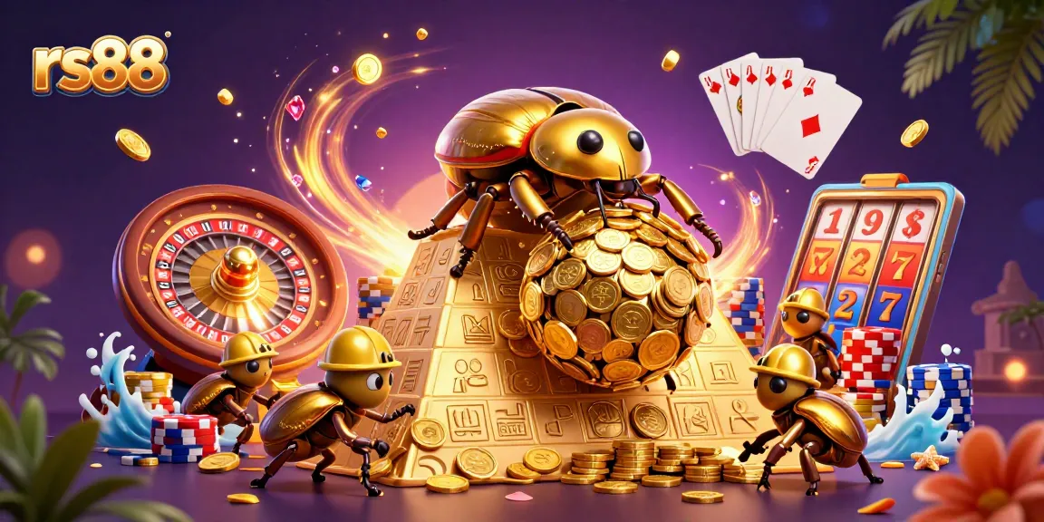 Experience thrilling gameplay with rs88 as a golden dung beetle rolls winning coins in an exciting casino scene.